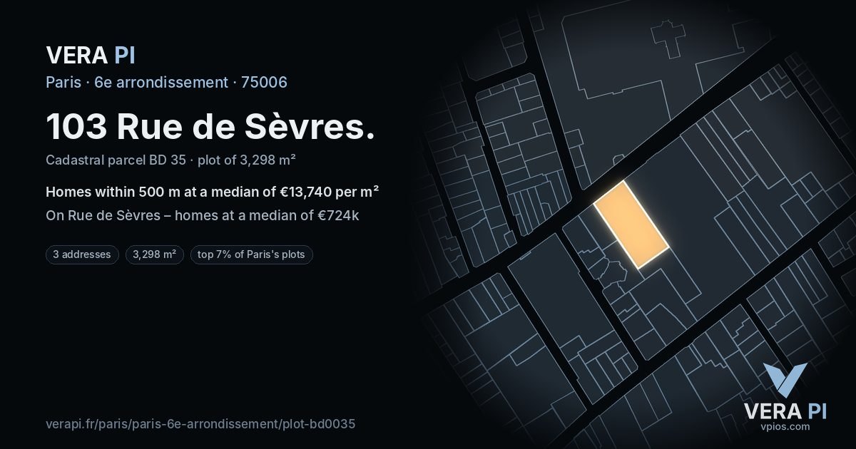103 Rue de Sèvres, 6e arrondissement at night – the plot lit, the parcels around coloured by the prices near them