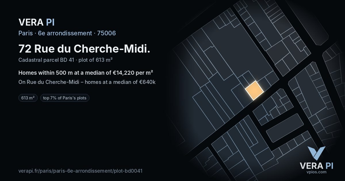 72 Rue du Cherche-Midi, 6e arrondissement at night – the plot lit, the parcels around coloured by the prices near them