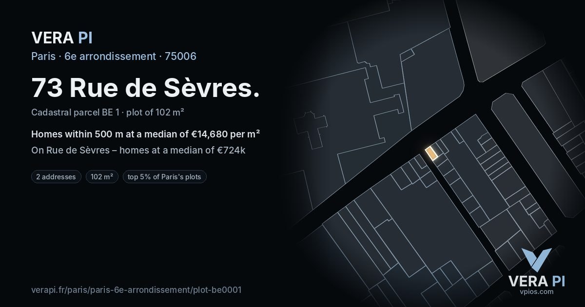 73 Rue de Sèvres, 6e arrondissement at night – the plot lit, the parcels around coloured by the prices near them