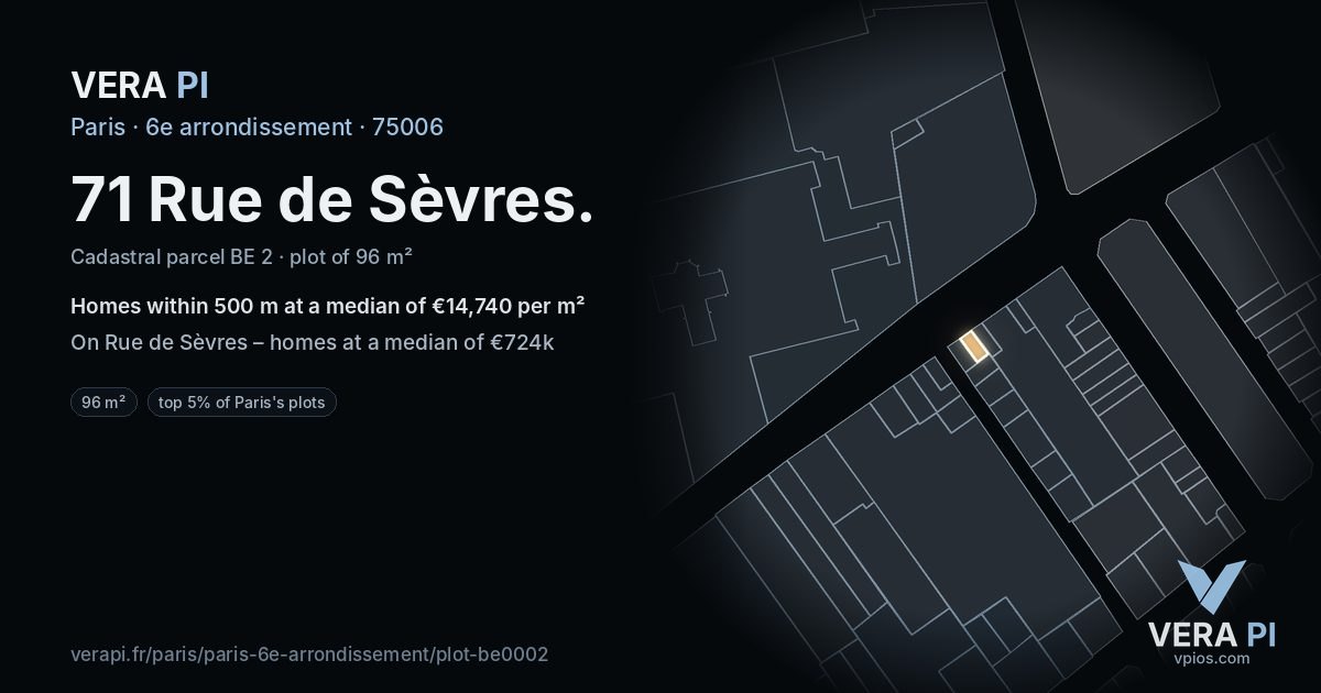 71 Rue de Sèvres, 6e arrondissement at night – the plot lit, the parcels around coloured by the prices near them