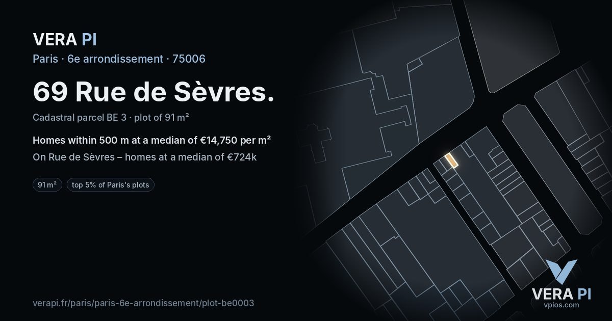 69 Rue de Sèvres, 6e arrondissement at night – the plot lit, the parcels around coloured by the prices near them