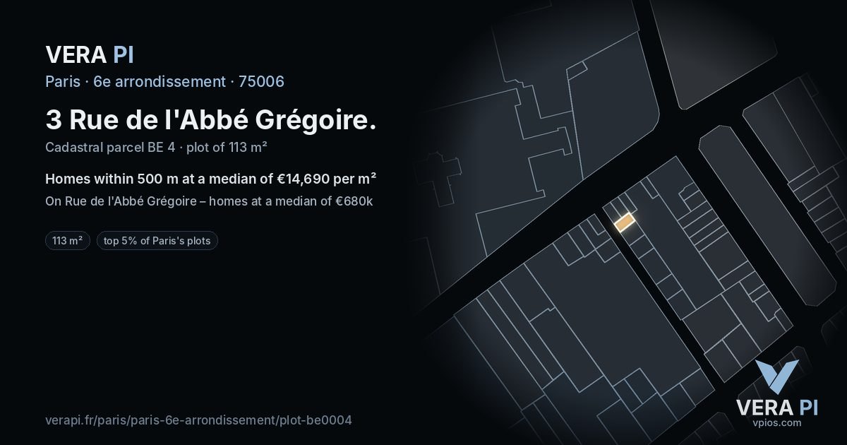 3 Rue de l'Abbé Grégoire, 6e arrondissement at night – the plot lit, the parcels around coloured by the prices near them