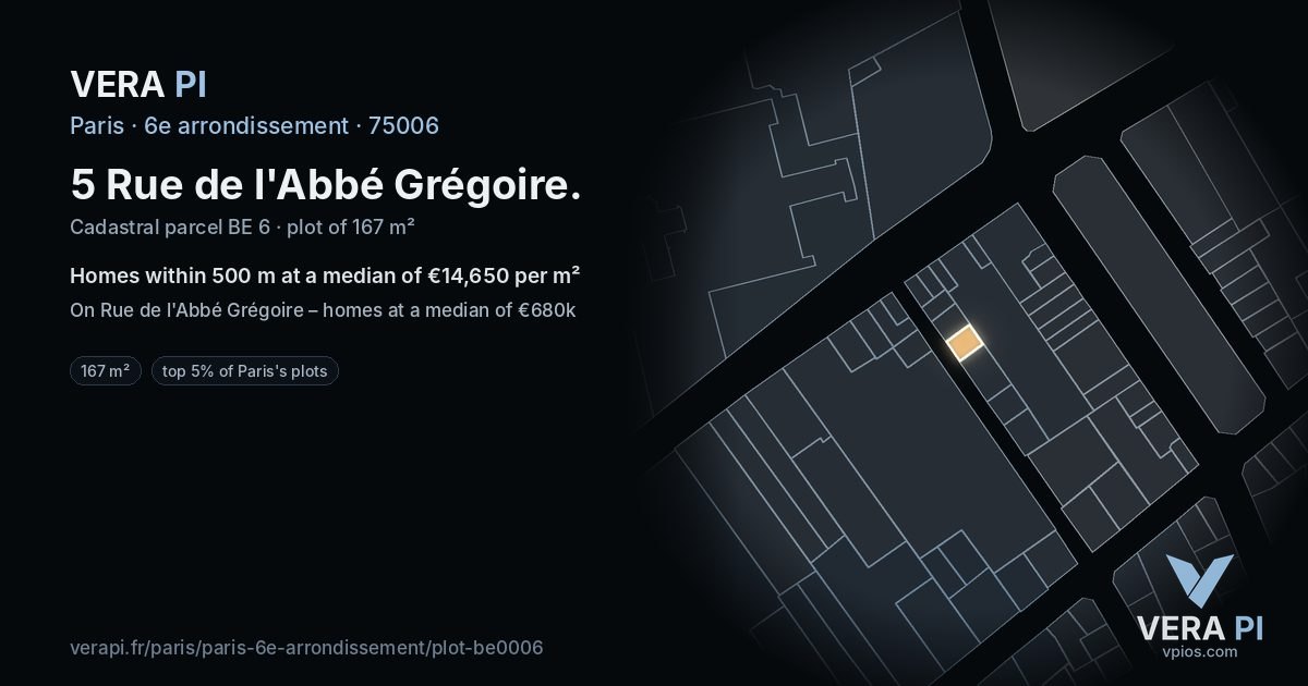 5 Rue de l'Abbé Grégoire, 6e arrondissement at night – the plot lit, the parcels around coloured by the prices near them