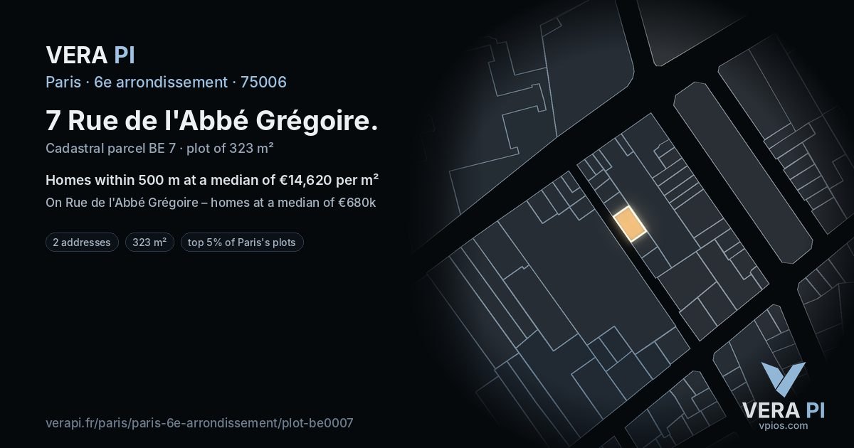 7 Rue de l'Abbé Grégoire, 6e arrondissement at night – the plot lit, the parcels around coloured by the prices near them