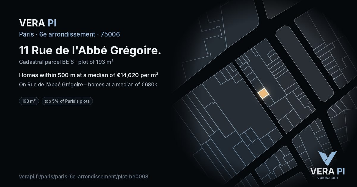 11 Rue de l'Abbé Grégoire, 6e arrondissement at night – the plot lit, the parcels around coloured by the prices near them