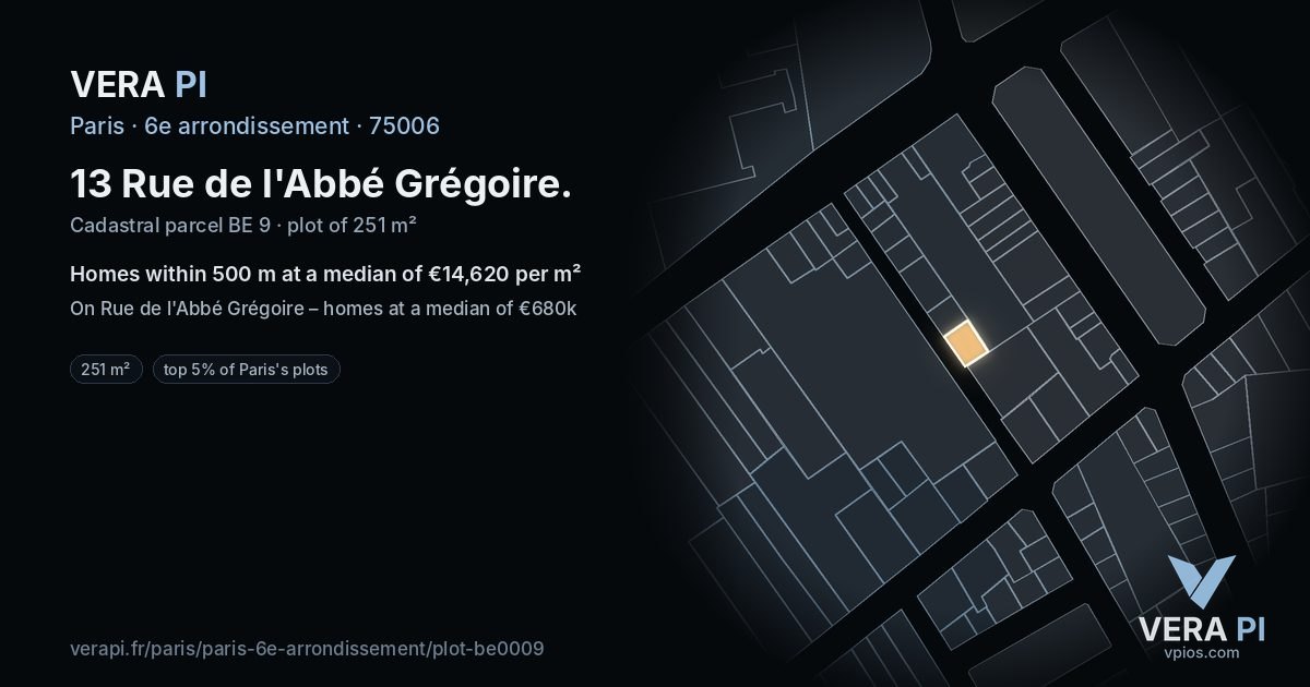 13 Rue de l'Abbé Grégoire, 6e arrondissement at night – the plot lit, the parcels around coloured by the prices near them