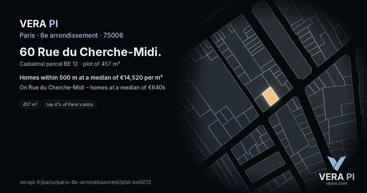 60 Rue du Cherche-Midi, 6e arrondissement at night – the plot lit, the parcels around coloured by the prices near them