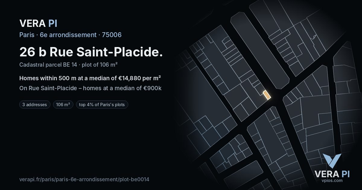 26 b Rue Saint-Placide, 6e arrondissement at night – the plot lit, the parcels around coloured by the prices near them