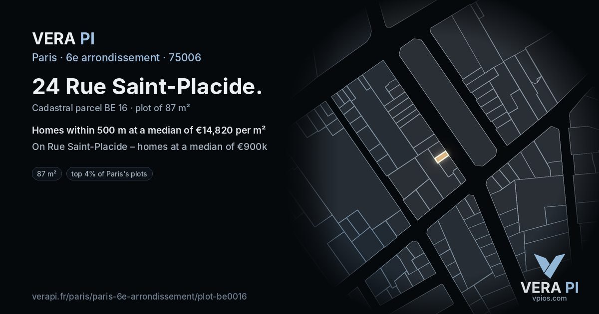 24 Rue Saint-Placide, 6e arrondissement at night – the plot lit, the parcels around coloured by the prices near them