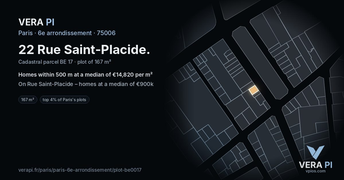 22 Rue Saint-Placide, 6e arrondissement at night – the plot lit, the parcels around coloured by the prices near them