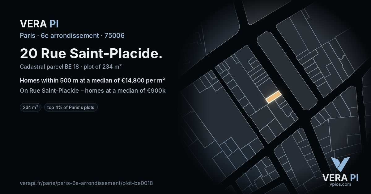 20 Rue Saint-Placide, 6e arrondissement at night – the plot lit, the parcels around coloured by the prices near them