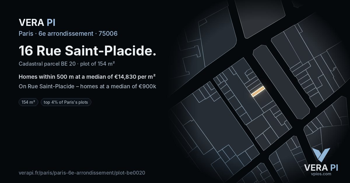 16 Rue Saint-Placide, 6e arrondissement at night – the plot lit, the parcels around coloured by the prices near them