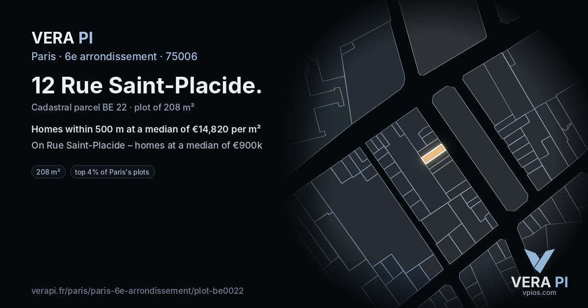 12 Rue Saint-Placide, 6e arrondissement at night – the plot lit, the parcels around coloured by the prices near them