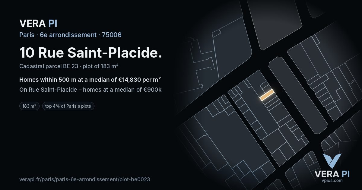 10 Rue Saint-Placide, 6e arrondissement at night – the plot lit, the parcels around coloured by the prices near them