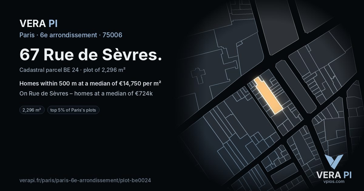 67 Rue de Sèvres, 6e arrondissement at night – the plot lit, the parcels around coloured by the prices near them