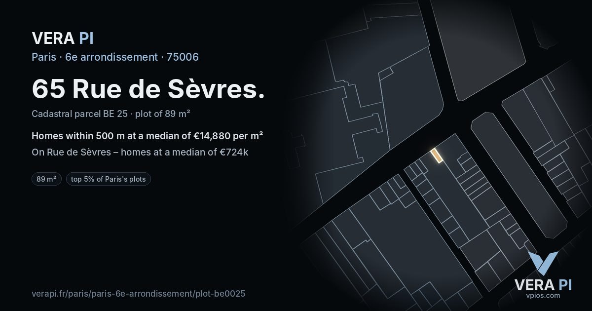 65 Rue de Sèvres, 6e arrondissement at night – the plot lit, the parcels around coloured by the prices near them