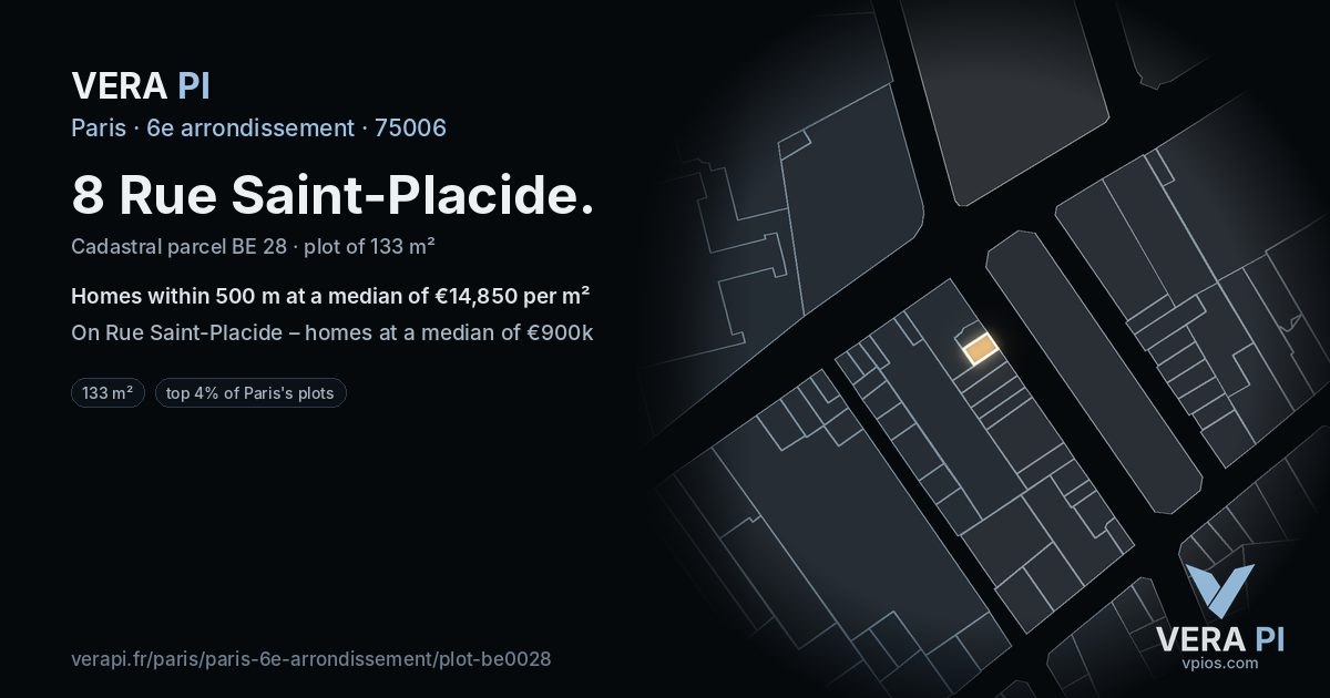 8 Rue Saint-Placide, 6e arrondissement at night – the plot lit, the parcels around coloured by the prices near them