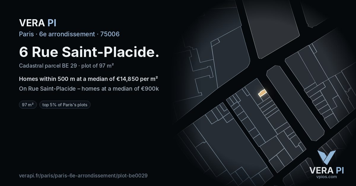 6 Rue Saint-Placide, 6e arrondissement at night – the plot lit, the parcels around coloured by the prices near them
