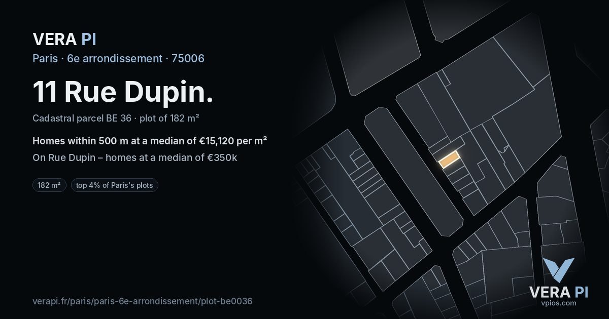 11 Rue Dupin, 6e arrondissement at night – the plot lit, the parcels around coloured by the prices near them