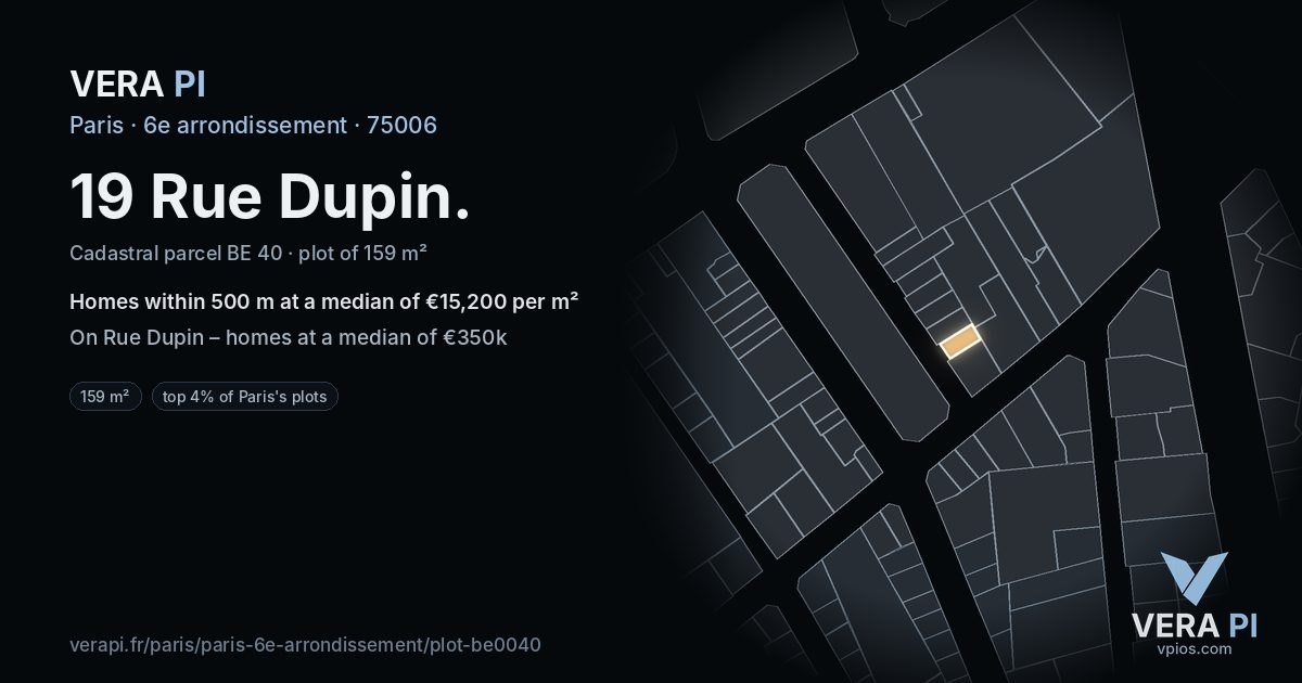 19 Rue Dupin, 6e arrondissement at night – the plot lit, the parcels around coloured by the prices near them