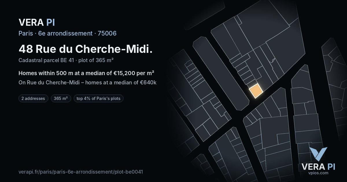 48 Rue du Cherche-Midi, 6e arrondissement at night – the plot lit, the parcels around coloured by the prices near them