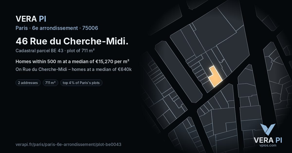 46 Rue du Cherche-Midi, 6e arrondissement at night – the plot lit, the parcels around coloured by the prices near them