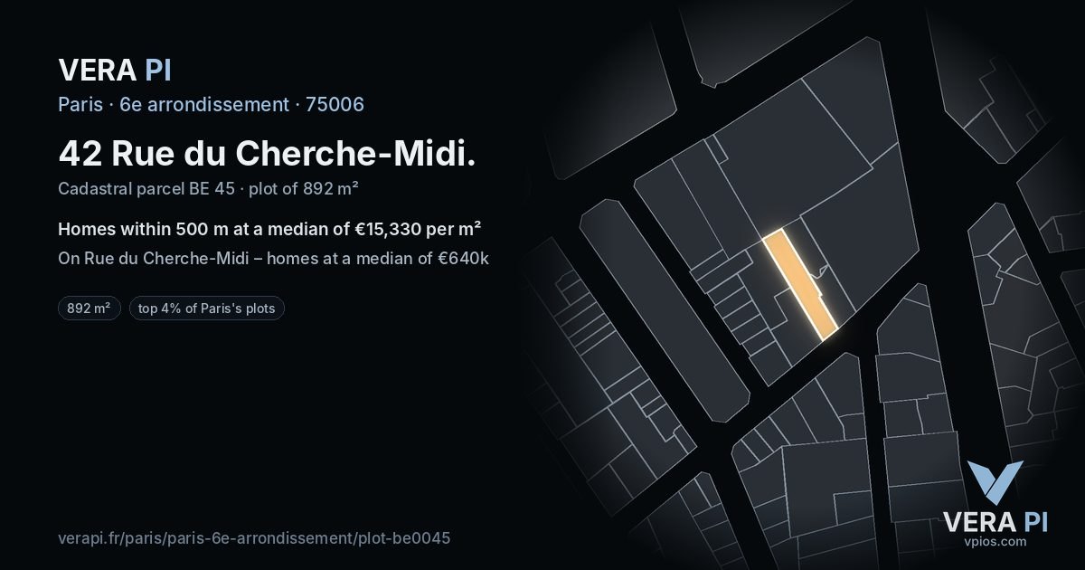 42 Rue du Cherche-Midi, 6e arrondissement at night – the plot lit, the parcels around coloured by the prices near them