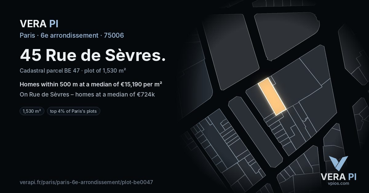 45 Rue de Sèvres, 6e arrondissement at night – the plot lit, the parcels around coloured by the prices near them