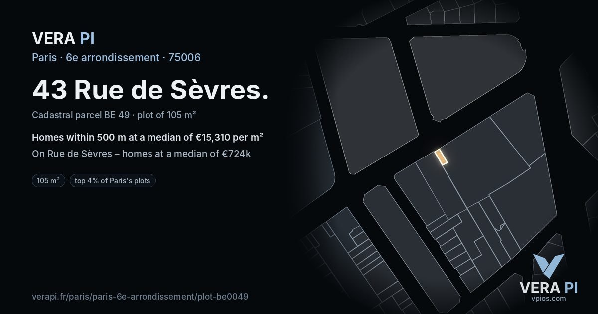 43 Rue de Sèvres, 6e arrondissement at night – the plot lit, the parcels around coloured by the prices near them