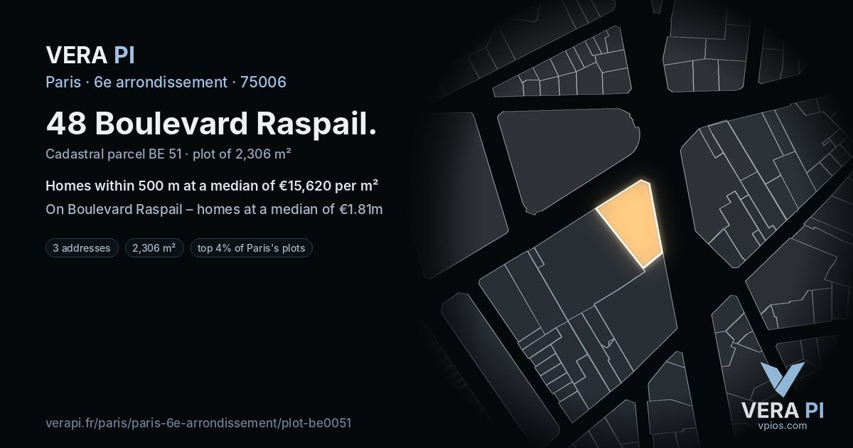 48 Boulevard Raspail, 6e arrondissement at night – the plot lit, the parcels around coloured by the prices near them
