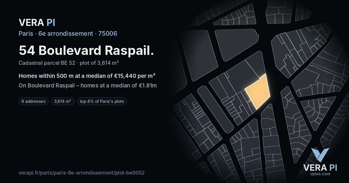 54 Boulevard Raspail, 6e arrondissement at night – the plot lit, the parcels around coloured by the prices near them