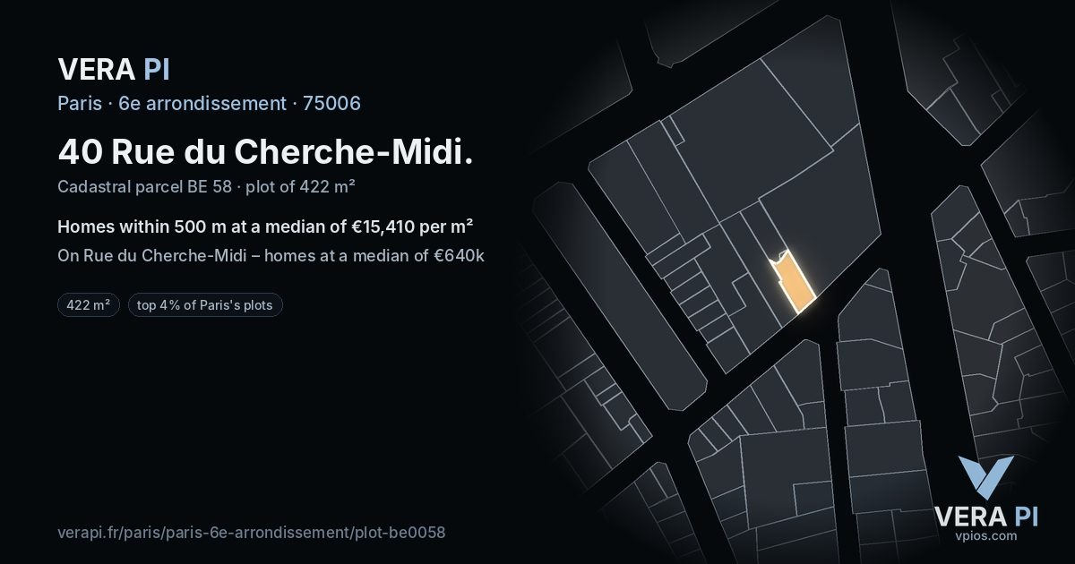 40 Rue du Cherche-Midi, 6e arrondissement at night – the plot lit, the parcels around coloured by the prices near them