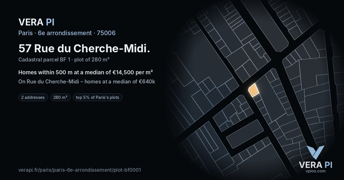 57 Rue du Cherche-Midi, 6e arrondissement at night – the plot lit, the parcels around coloured by the prices near them