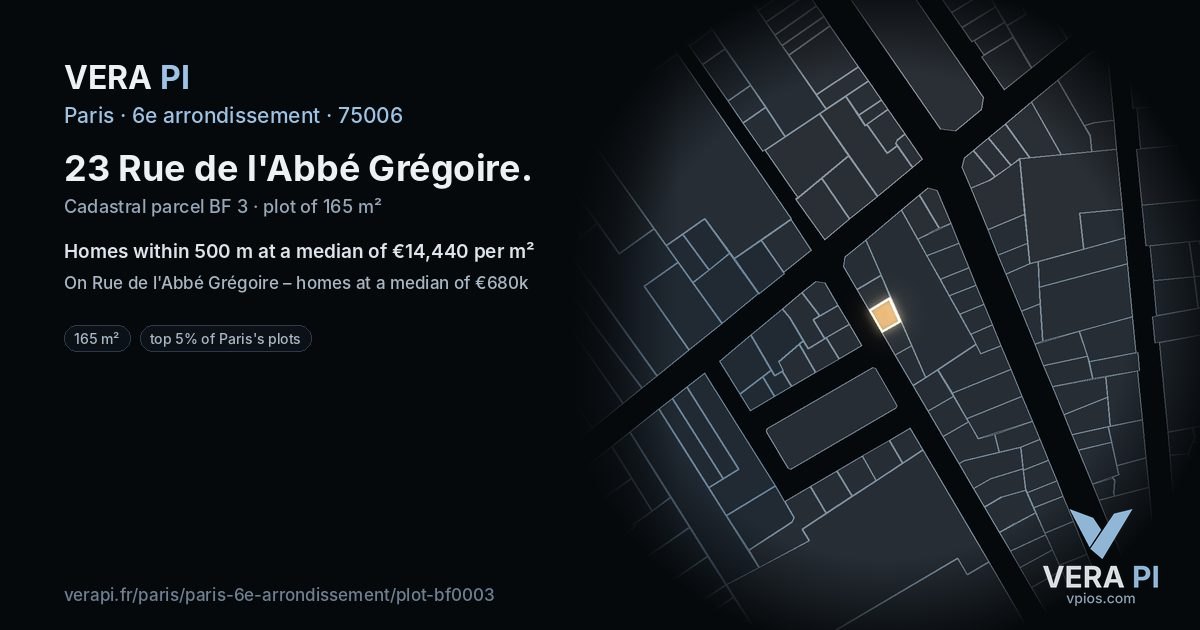 23 Rue de l'Abbé Grégoire, 6e arrondissement at night – the plot lit, the parcels around coloured by the prices near them