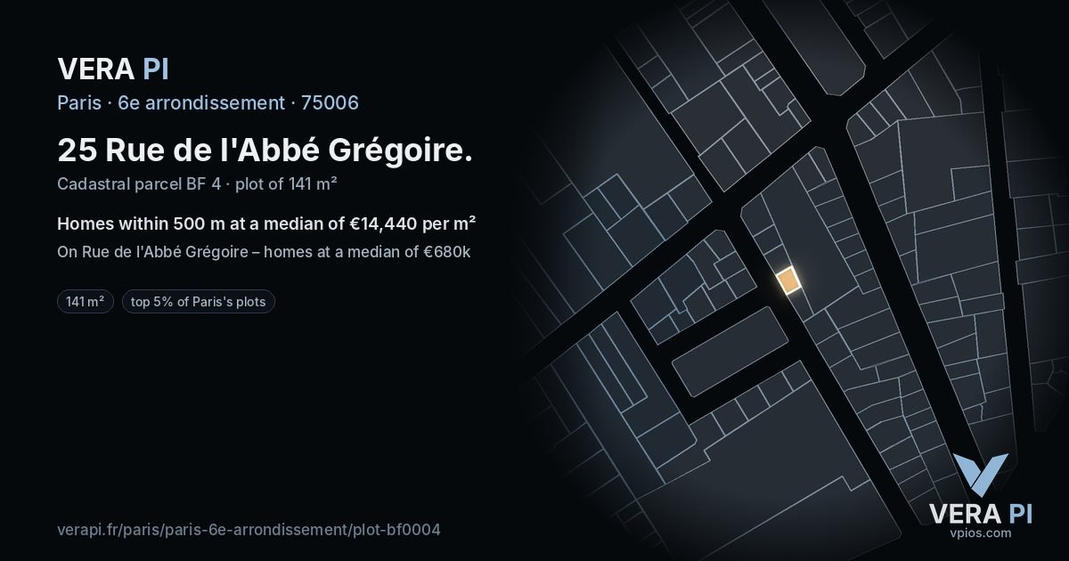 25 Rue de l'Abbé Grégoire, 6e arrondissement at night – the plot lit, the parcels around coloured by the prices near them