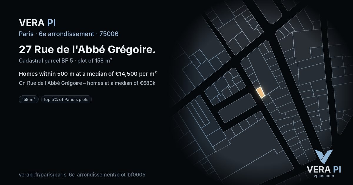 27 Rue de l'Abbé Grégoire, 6e arrondissement at night – the plot lit, the parcels around coloured by the prices near them