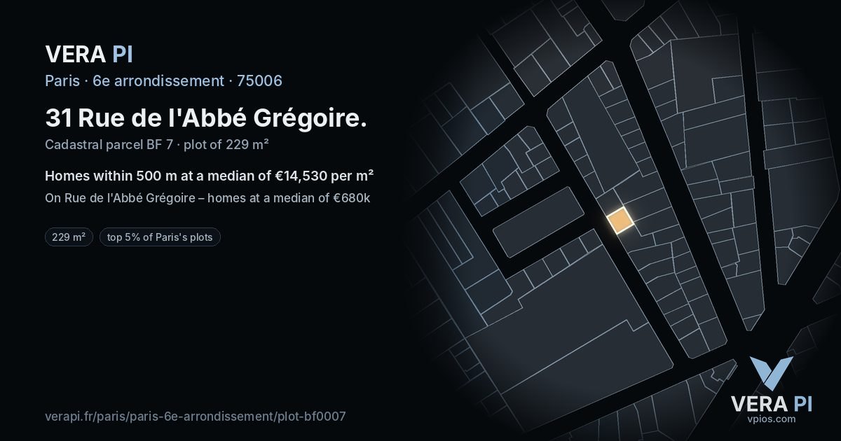 31 Rue de l'Abbé Grégoire, 6e arrondissement at night – the plot lit, the parcels around coloured by the prices near them