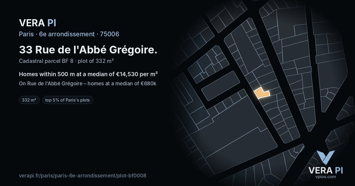 33 Rue de l'Abbé Grégoire, 6e arrondissement at night – the plot lit, the parcels around coloured by the prices near them