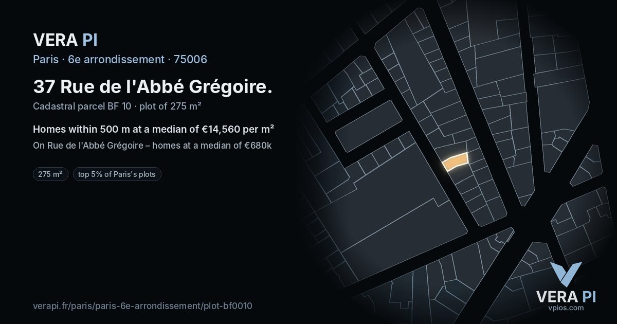 37 Rue de l'Abbé Grégoire, 6e arrondissement at night – the plot lit, the parcels around coloured by the prices near them