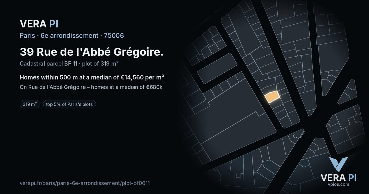 39 Rue de l'Abbé Grégoire, 6e arrondissement at night – the plot lit, the parcels around coloured by the prices near them