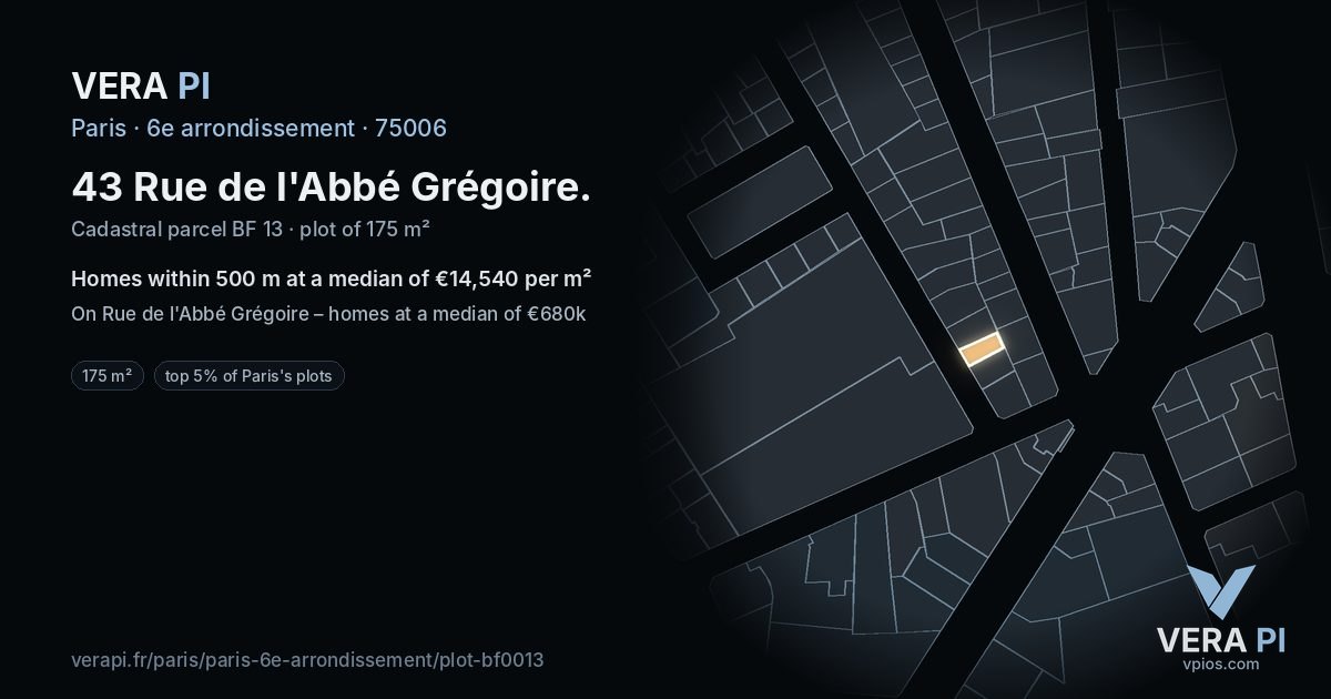 43 Rue de l'Abbé Grégoire, 6e arrondissement at night – the plot lit, the parcels around coloured by the prices near them
