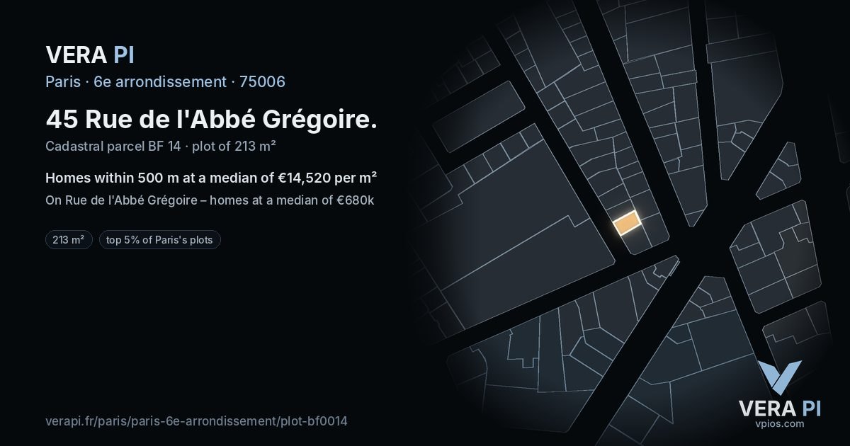 45 Rue de l'Abbé Grégoire, 6e arrondissement at night – the plot lit, the parcels around coloured by the prices near them