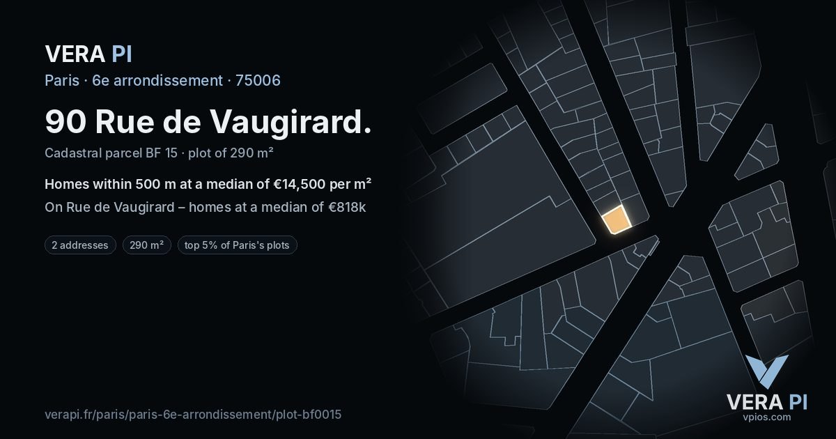 90 Rue de Vaugirard, 6e arrondissement at night – the plot lit, the parcels around coloured by the prices near them