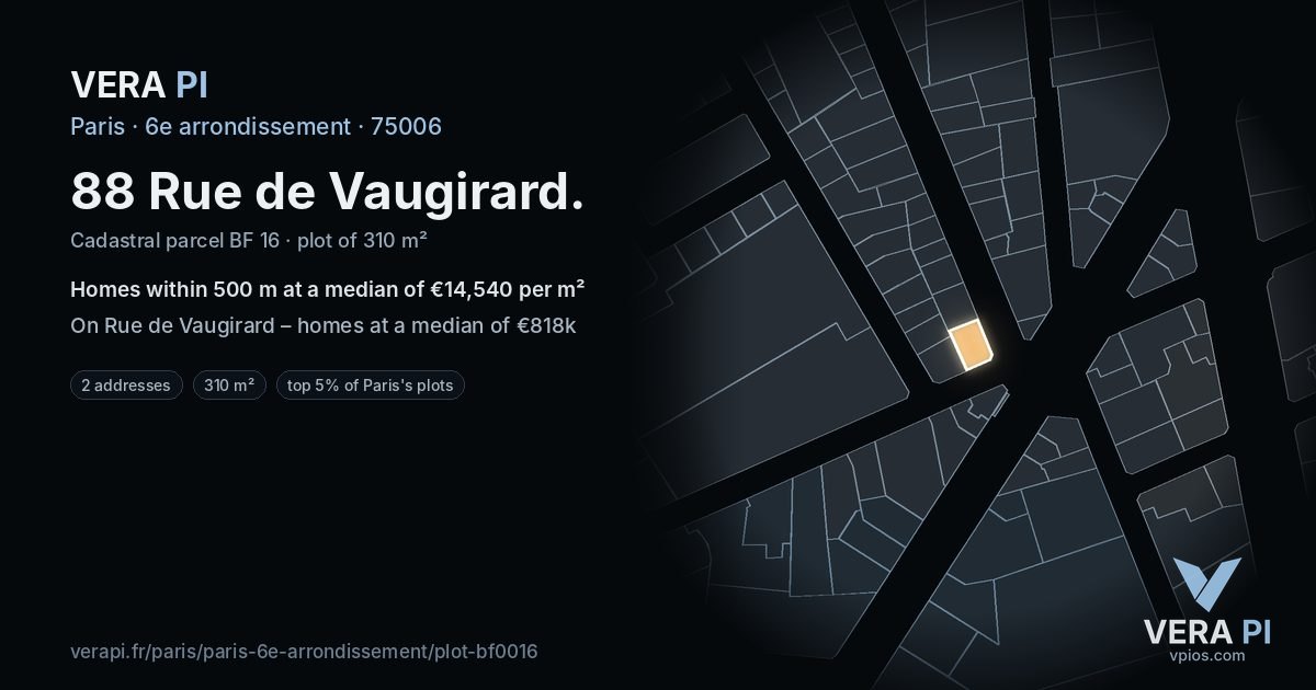88 Rue de Vaugirard, 6e arrondissement at night – the plot lit, the parcels around coloured by the prices near them