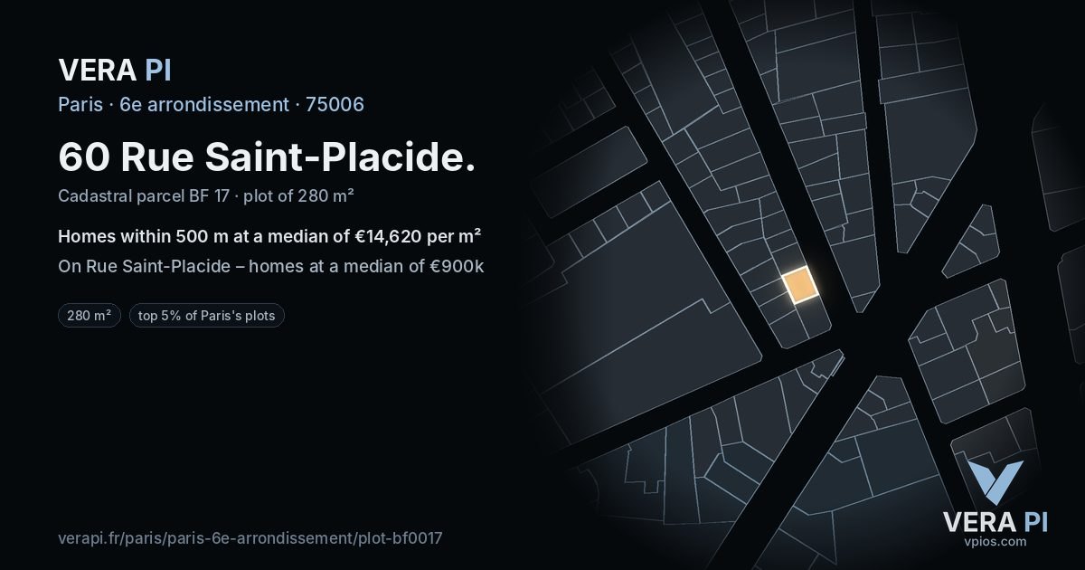 60 Rue Saint-Placide, 6e arrondissement at night – the plot lit, the parcels around coloured by the prices near them