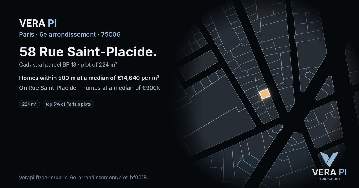 58 Rue Saint-Placide, 6e arrondissement at night – the plot lit, the parcels around coloured by the prices near them