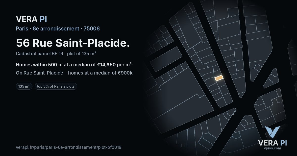 56 Rue Saint-Placide, 6e arrondissement at night – the plot lit, the parcels around coloured by the prices near them