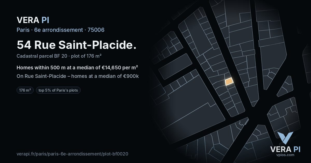 54 Rue Saint-Placide, 6e arrondissement at night – the plot lit, the parcels around coloured by the prices near them