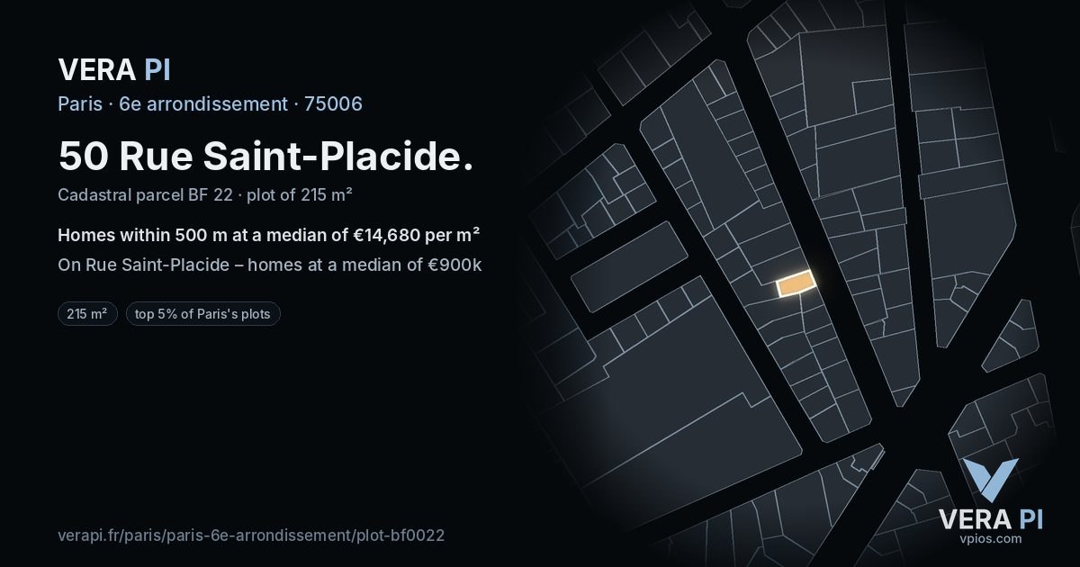 50 Rue Saint-Placide, 6e arrondissement at night – the plot lit, the parcels around coloured by the prices near them