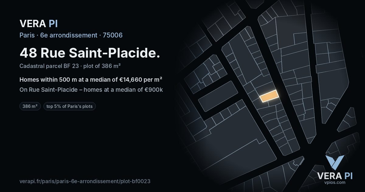48 Rue Saint-Placide, 6e arrondissement at night – the plot lit, the parcels around coloured by the prices near them